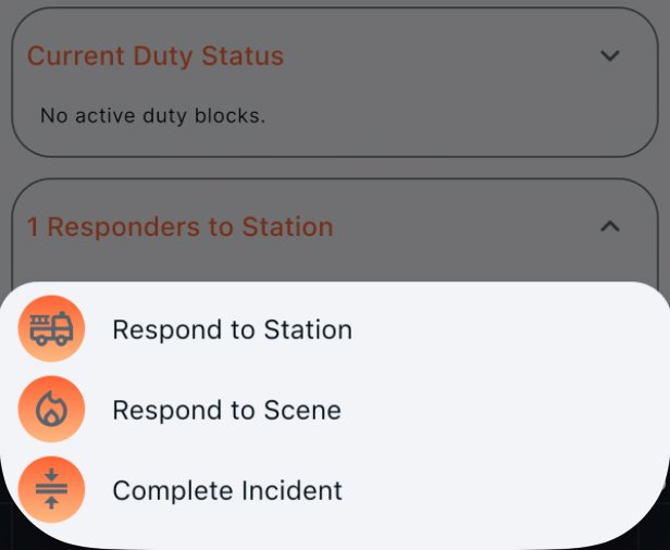 Bottom action sheet on incident detail showing Respond to Station, Respond to Scene, and Complete Incident options