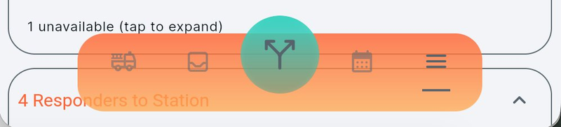 Bottom navigation bar showing five icons: Response Hub, My Dashboard, contextual action button, Duty Calendar, Full Menu