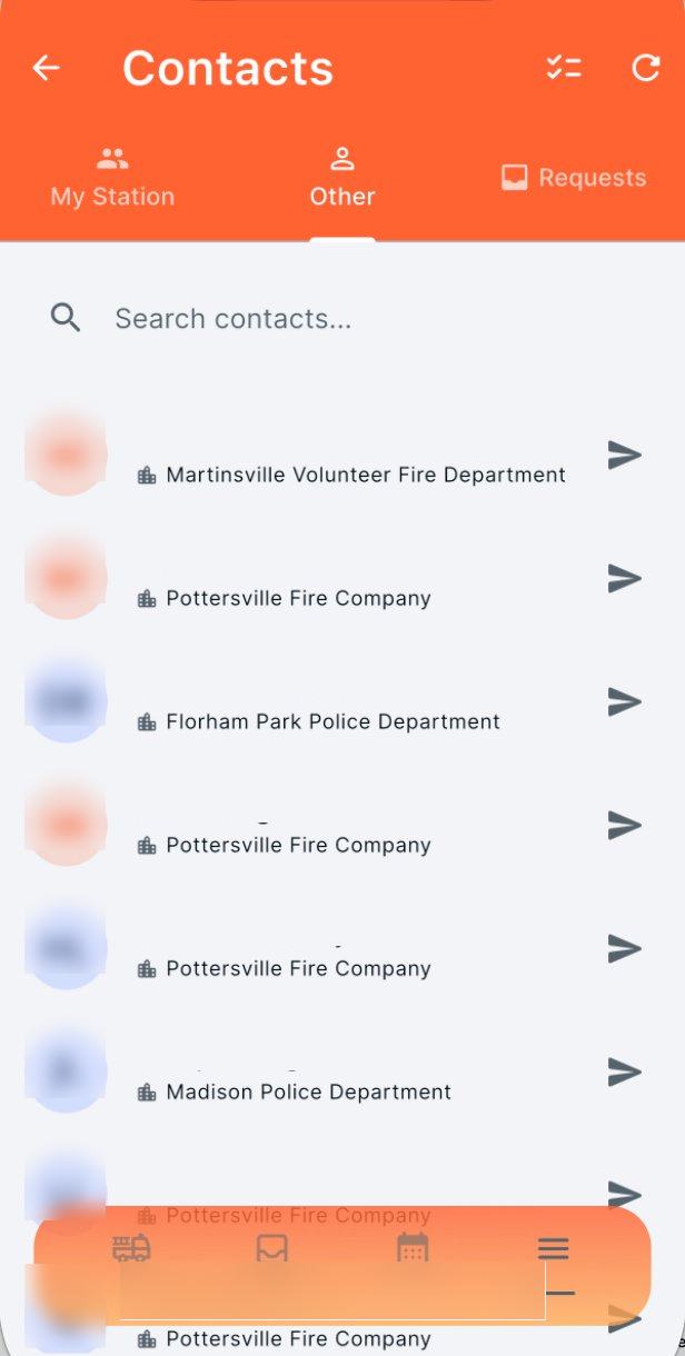 Contacts screen with My Station, Other, and Requests tabs, showing contacts from various fire and police departments