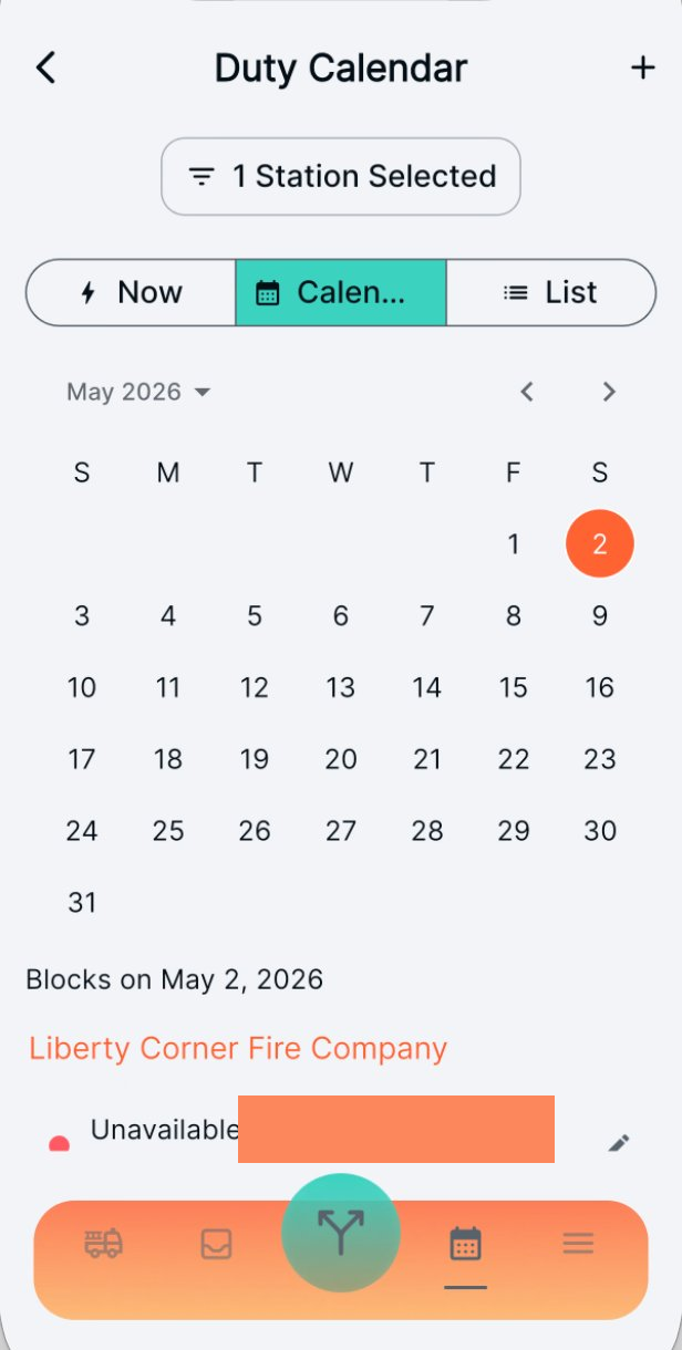 Duty Calendar month view showing May 2026 with day 2 selected and the duty block for that day below