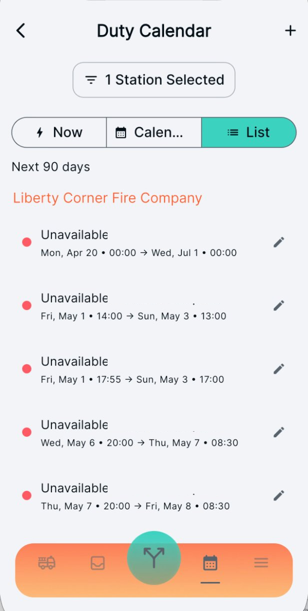 Duty Calendar List view showing the Next 90 days of duty blocks