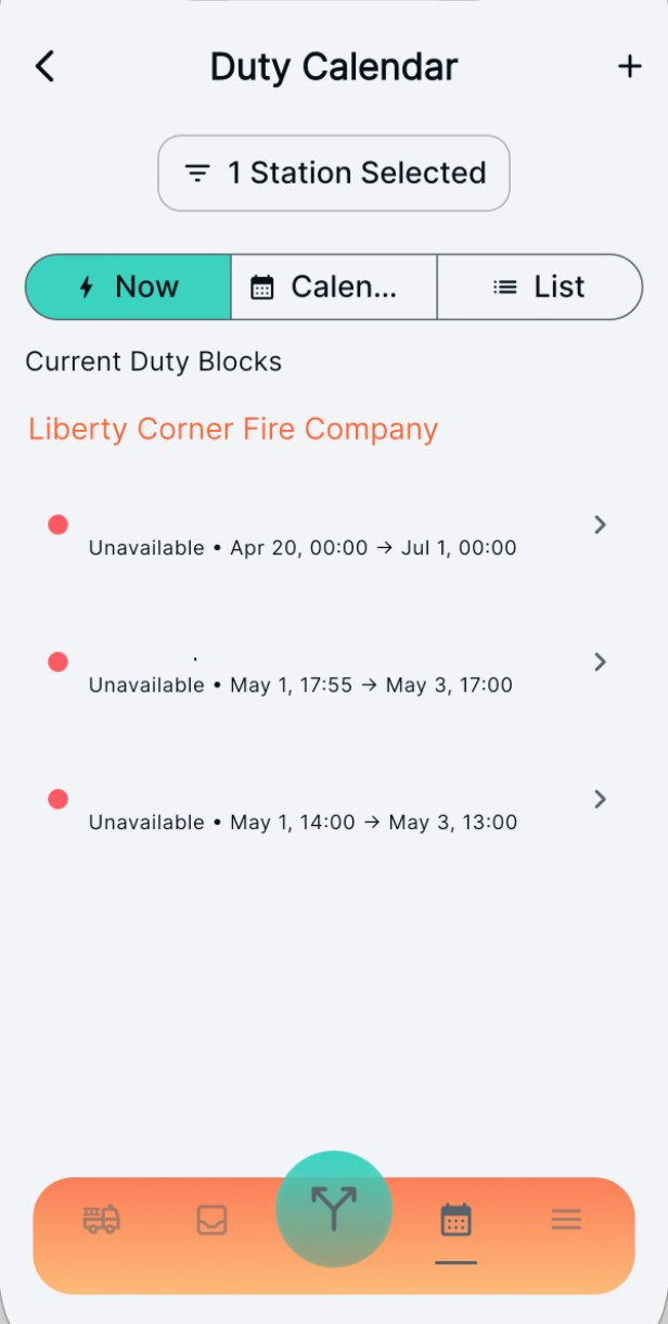 Duty Calendar Now view showing current duty blocks with names, statuses, and date ranges