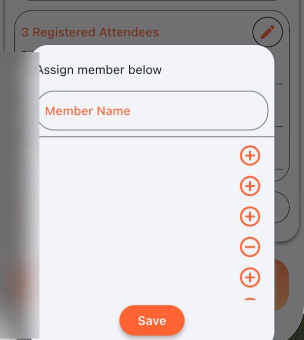 Assign member dialog showing a list of members with plus and minus buttons to add or remove them from an event's attendees
