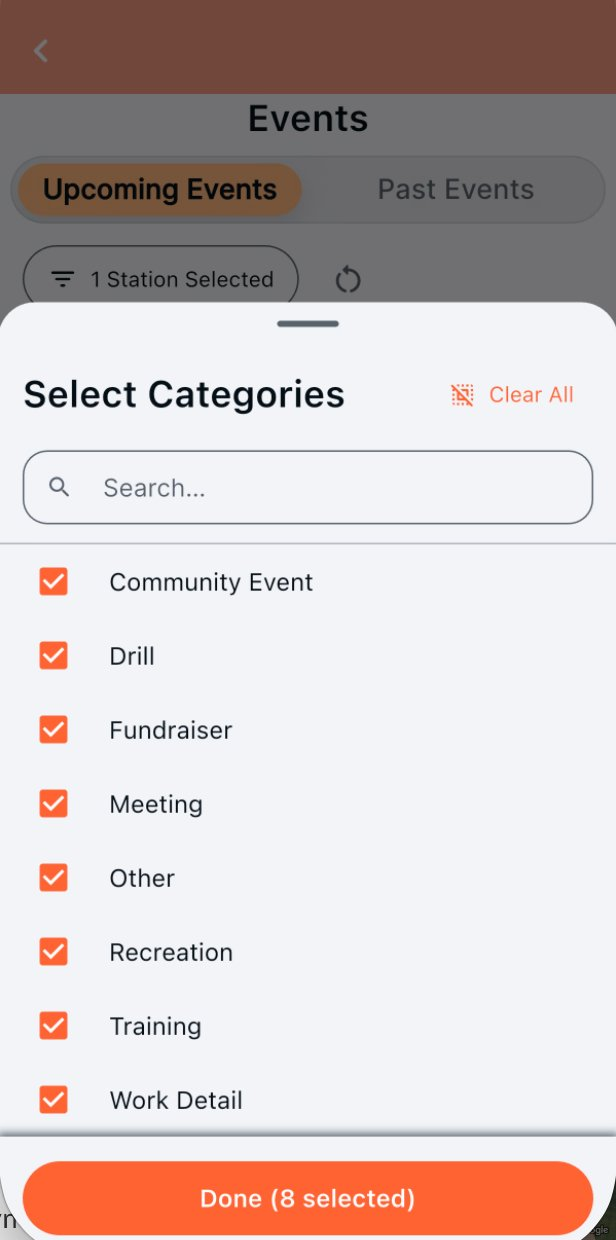 Select Categories dialog with checkboxes for Community Event, Drill, Fundraiser, Meeting, Other, Recreation, Training, and Work Detail