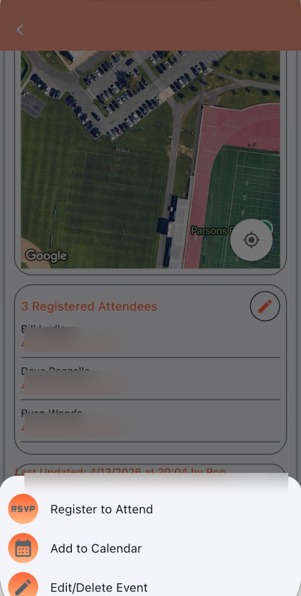 Event detail view with action sheet showing Register to Attend, Add to Calendar, and Edit/Delete Event options