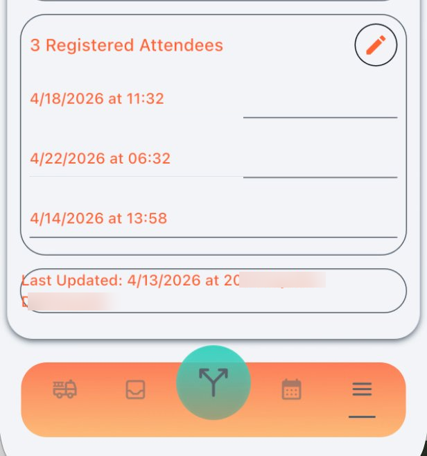 Event detail attendees section showing 3 Registered Attendees with RSVP timestamps and a Last Updated audit line