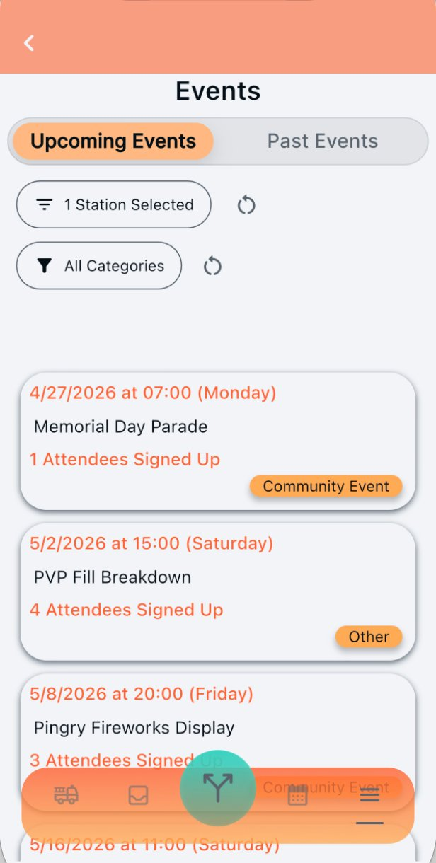 Events screen showing Upcoming Events tab with cards for Memorial Day Parade, PVP Fill Breakdown, and Pingry Fireworks Display