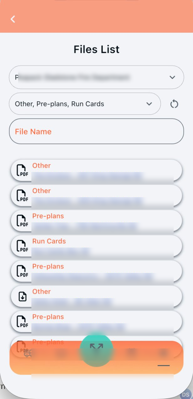 Files List screen showing department selector, category filter for Other, Pre-plans, and Run Cards, file name search, and a list of PDF documents grouped by category