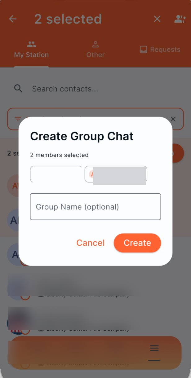 Create Group Chat dialog showing 2 members selected with chips and an optional Group Name field, over a dimmed contacts list