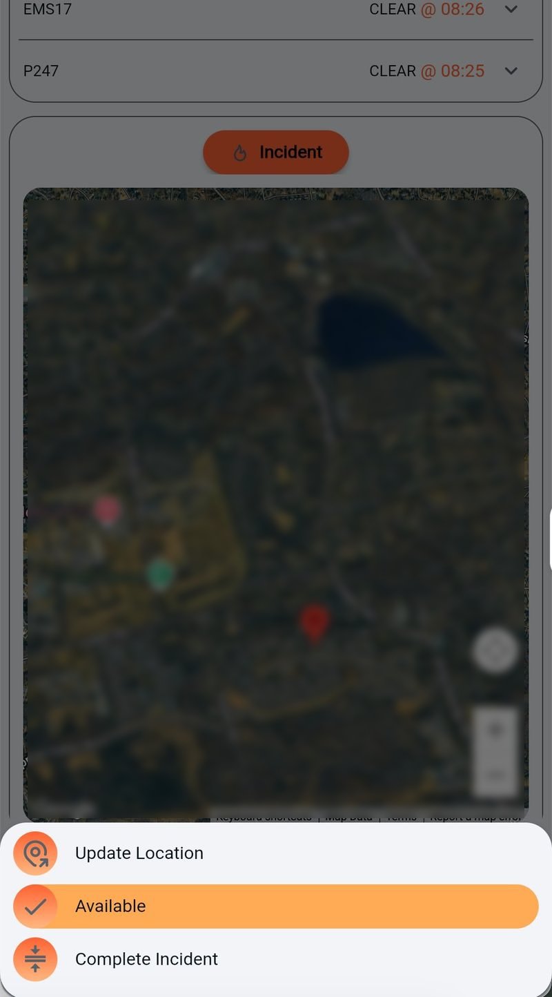 Incident map with action sheet open showing Update Location, Available, and Complete Incident options for an active responder