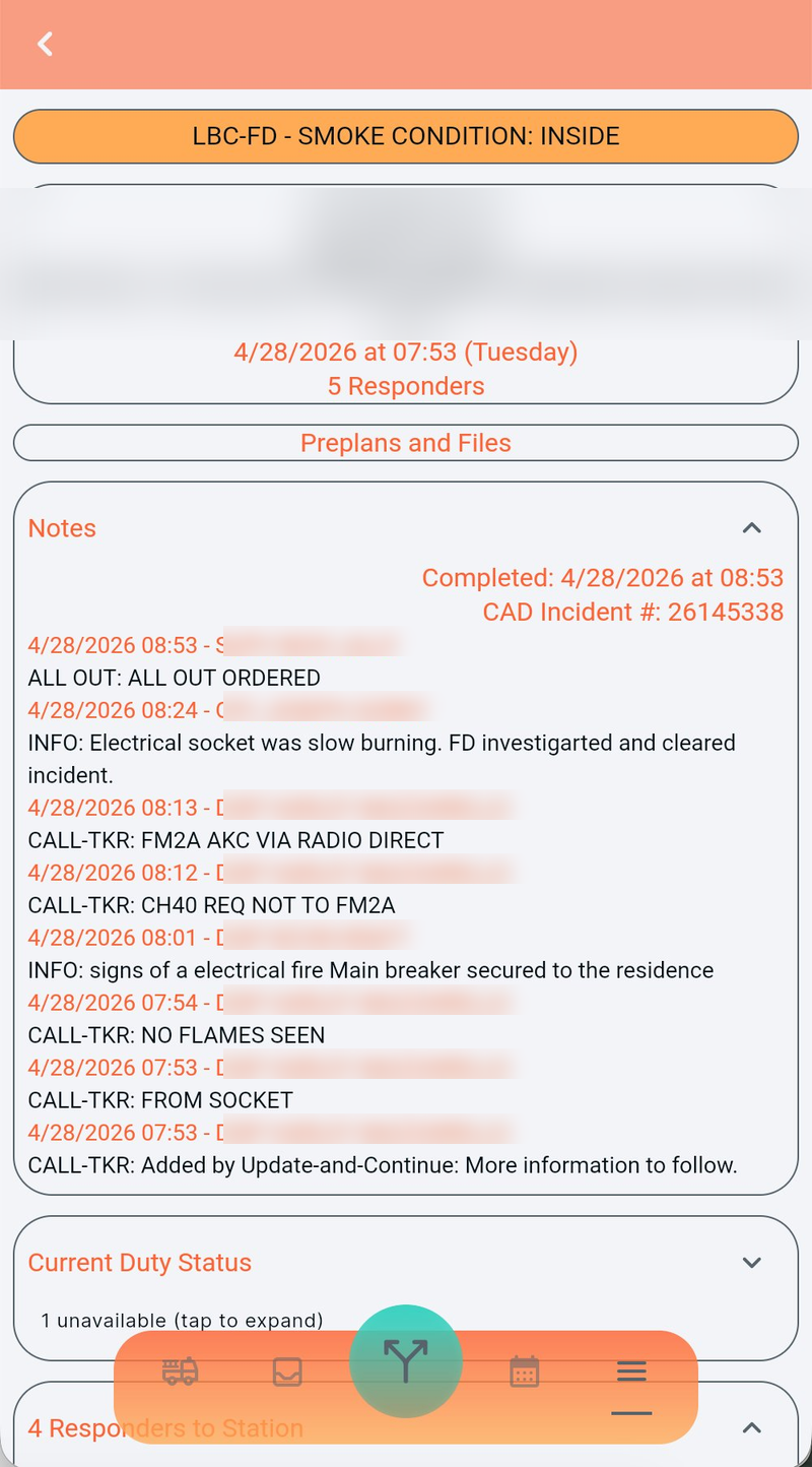 Incident detail view showing call type, address, Preplans and Files button, and live CAD Notes log with timestamps
