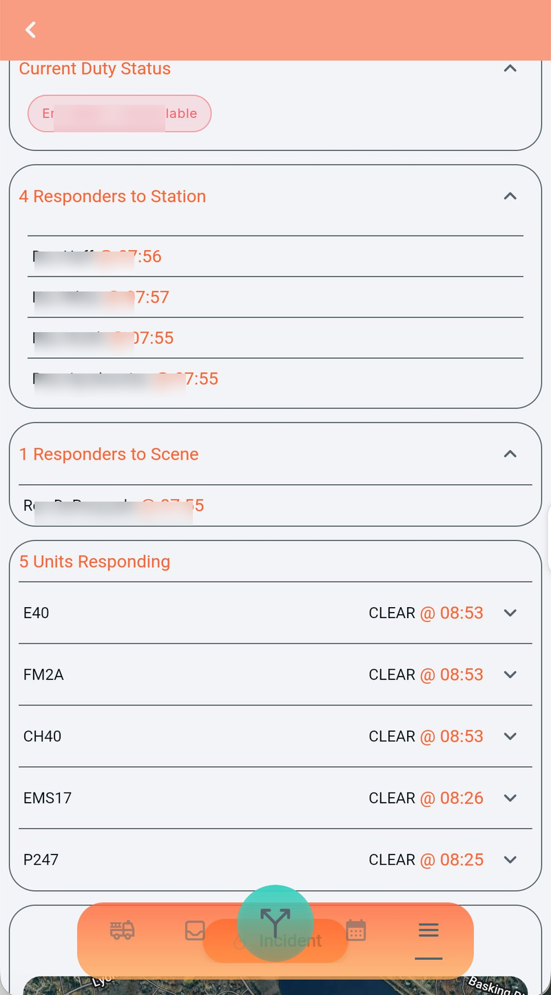 Incident detail view showing Current Duty Status, Responders to Station, Responders to Scene, and Units Responding sections