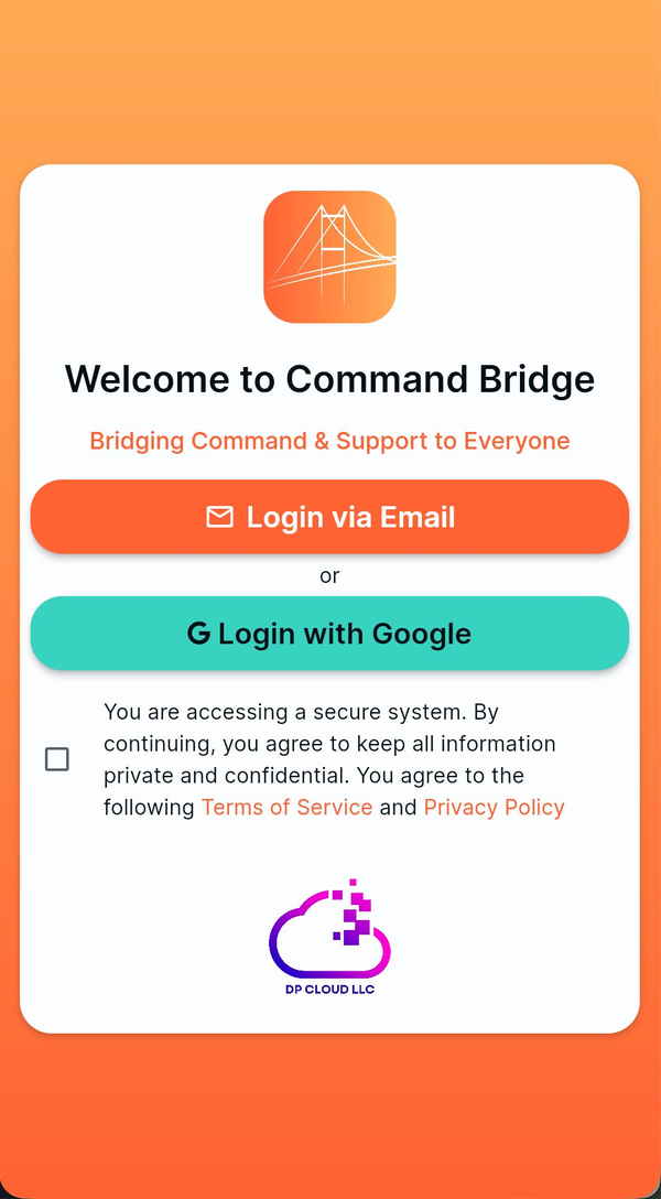 Command Bridge welcome screen with Login via Email and Login with Google buttons