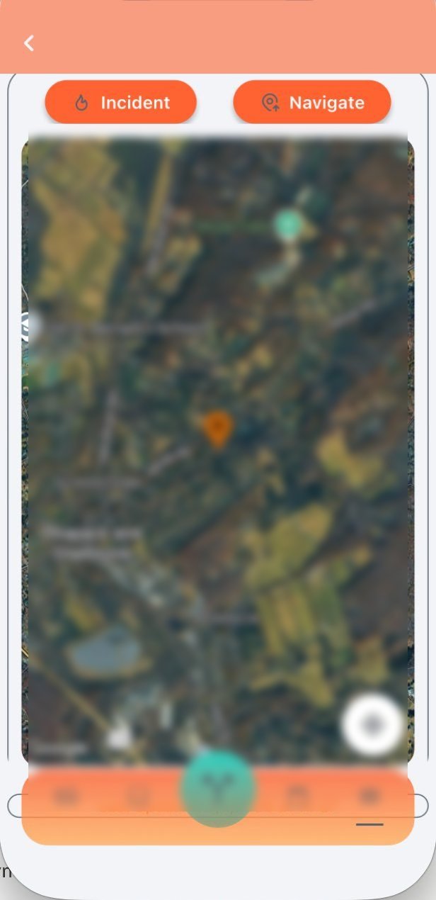 Incident map view with Incident and Navigate buttons at the top, satellite imagery showing roads and the incident pin, and a recenter control