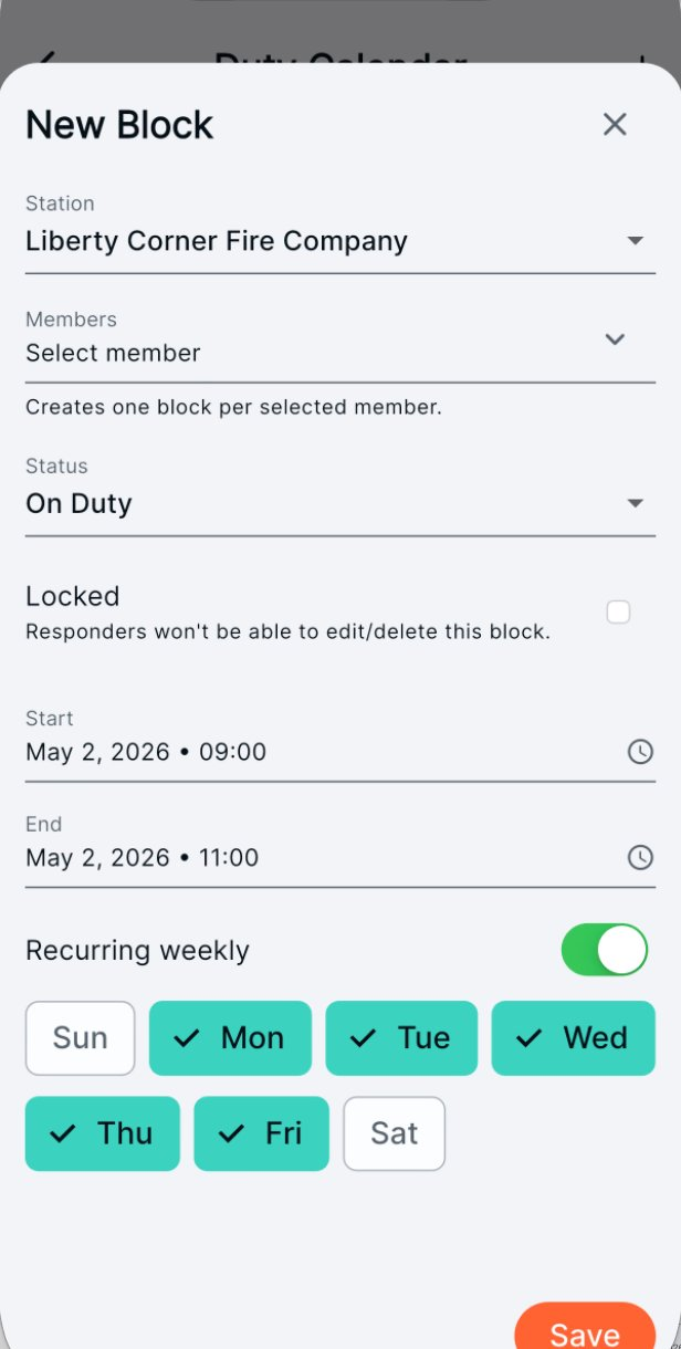 New Block dialog with fields for Station, Members, Status, Locked toggle, Start, End, Recurring weekly, and day-of-week selectors