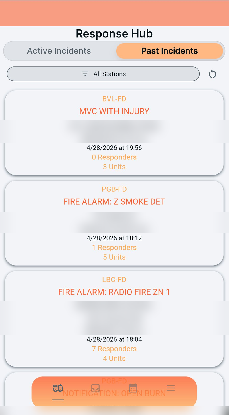 Response Hub Past Incidents tab with All Stations filter showing recent incident history