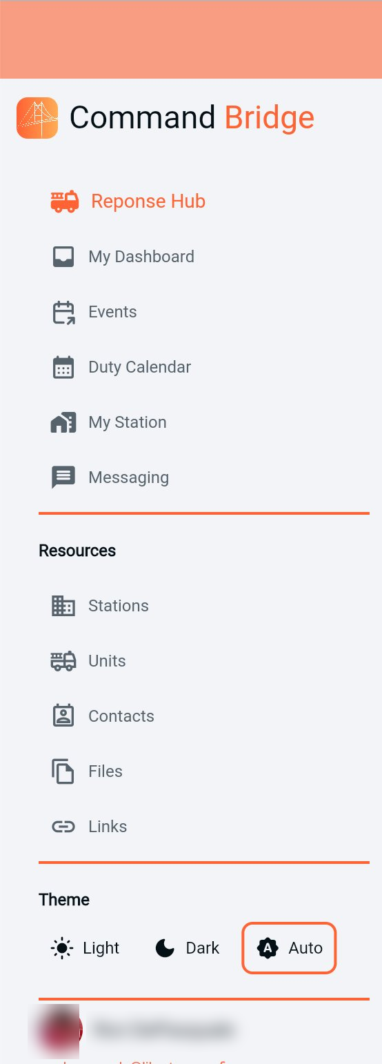 Command Bridge full menu / sidebar showing Response Hub, My Dashboard, Events, Duty Calendar, My Station, Messaging, plus Resources section with Stations, Units, Contacts, Files, Links